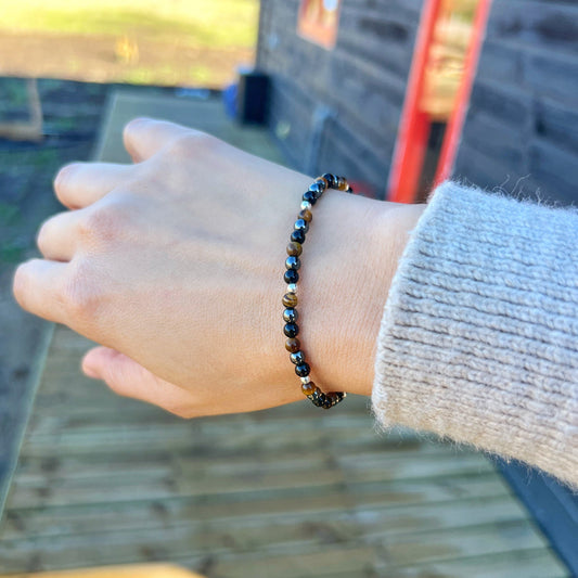 Pulsera Elasticada"Protección Terrenal" | Turmalina Negra, Ojo de Tigre y Hematita | Plata 925 a