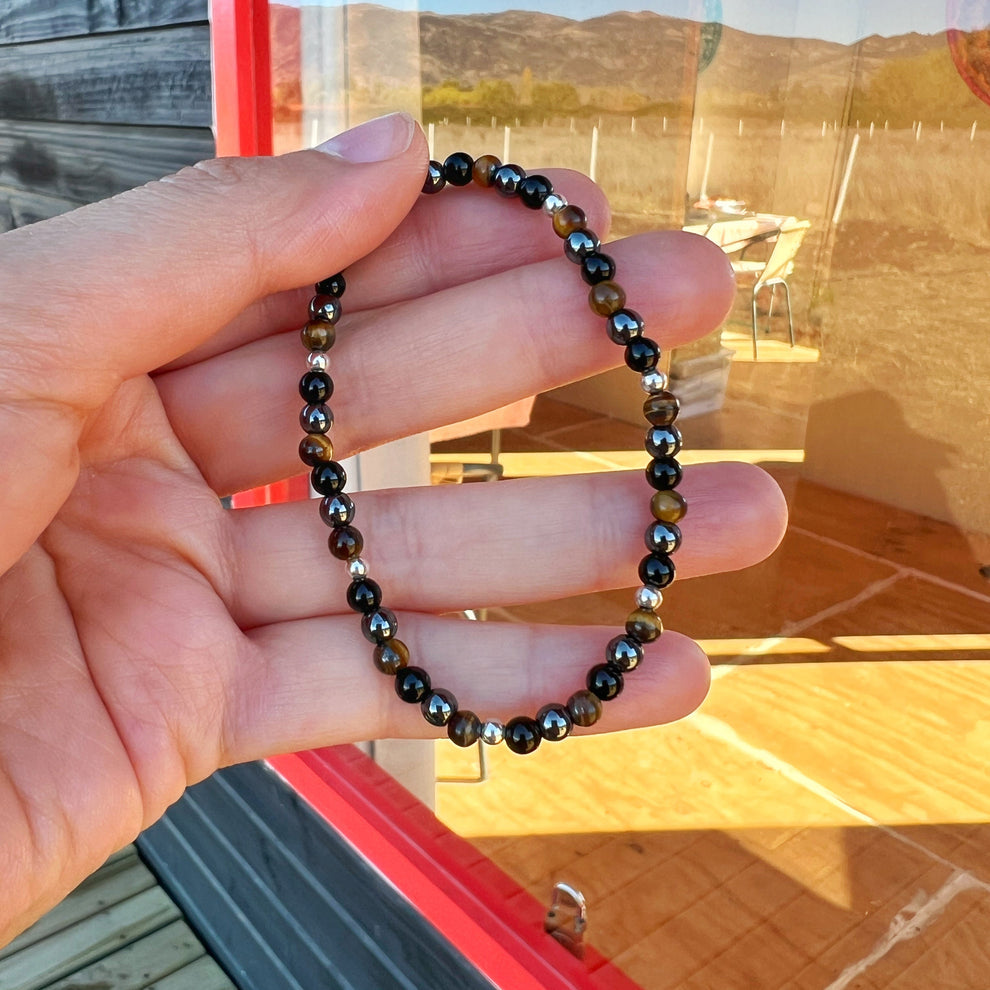Pulsera Turmalina negra, ojo de tigre, hematita y plata 925 | "Protección Terrenal"