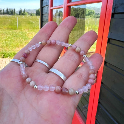 Pulsera Elasticada  "Amor propio"| Cuarzo Rosa y Rodocrosita | Plata 925