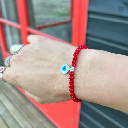 Pulsera Roja de Protección | Jade rojo y ojo turco con nácar | Plata 925