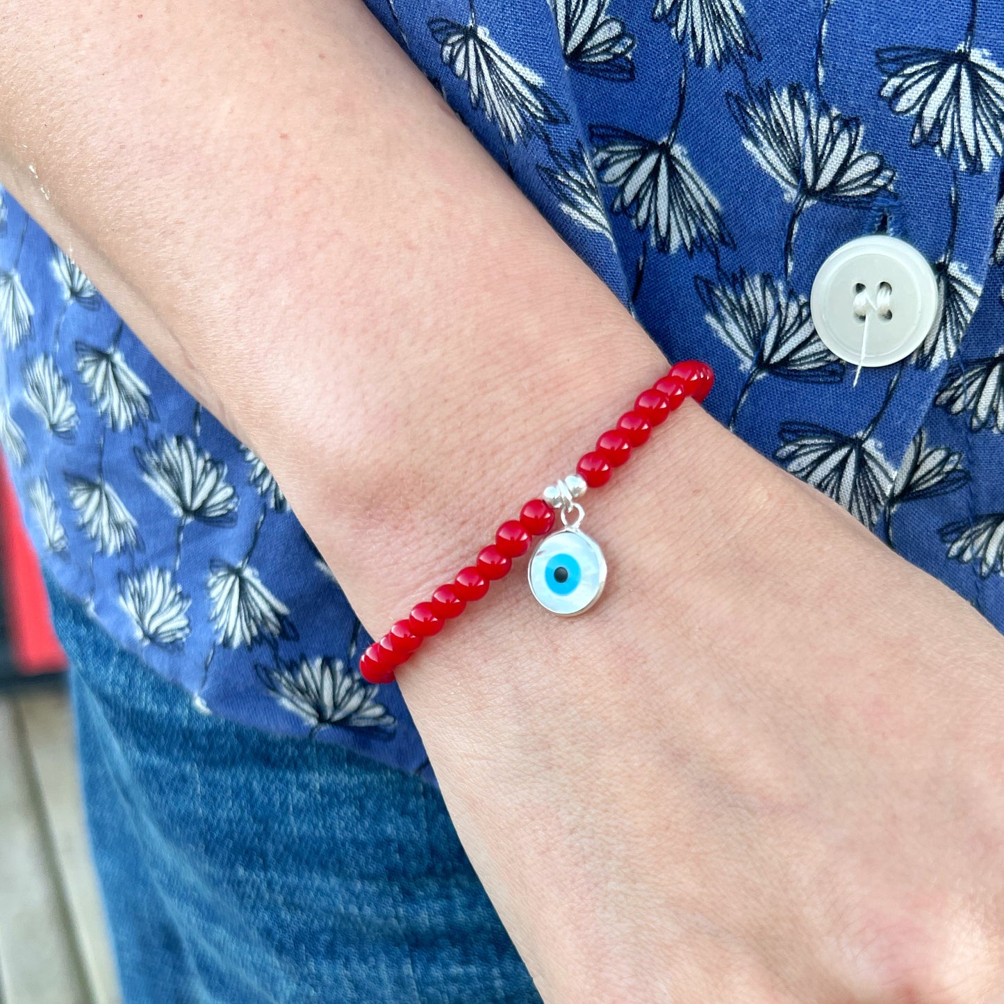 Pulsera Roja de Protección | Jade rojo y ojo turco con nácar | Plata 925