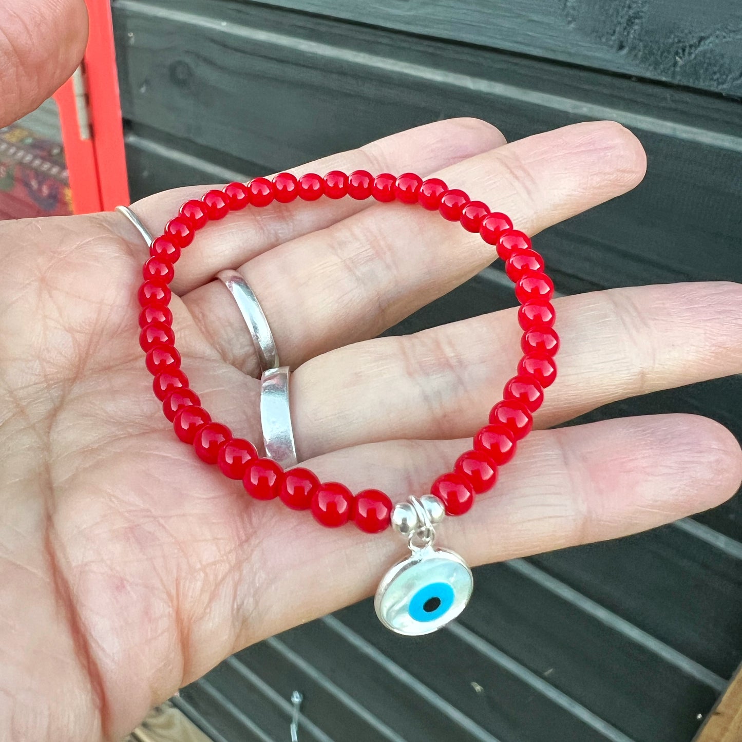 Pulsera Roja de Protección | Jade rojo y ojo turco con nácar | Plata 925