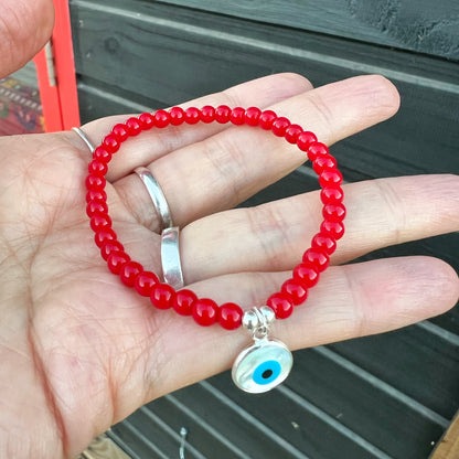 Pulsera Roja de Protección | Jade rojo y ojo turco con nácar | Plata 925